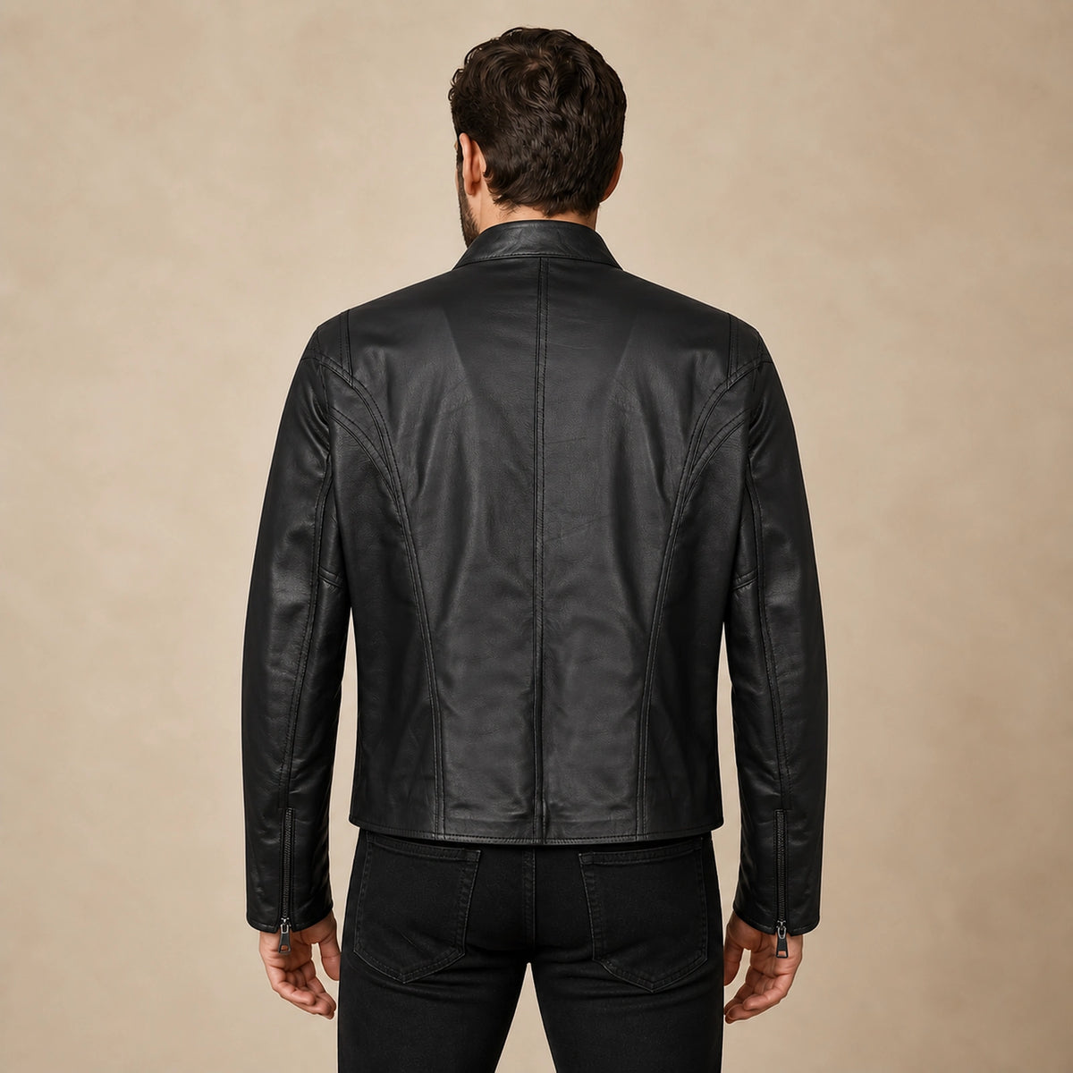 Men's Black Lambskin Single-Breasted Moto Jacket, model back view