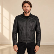Men's Black Lambskin Single-Breasted Moto Jacket, model front view