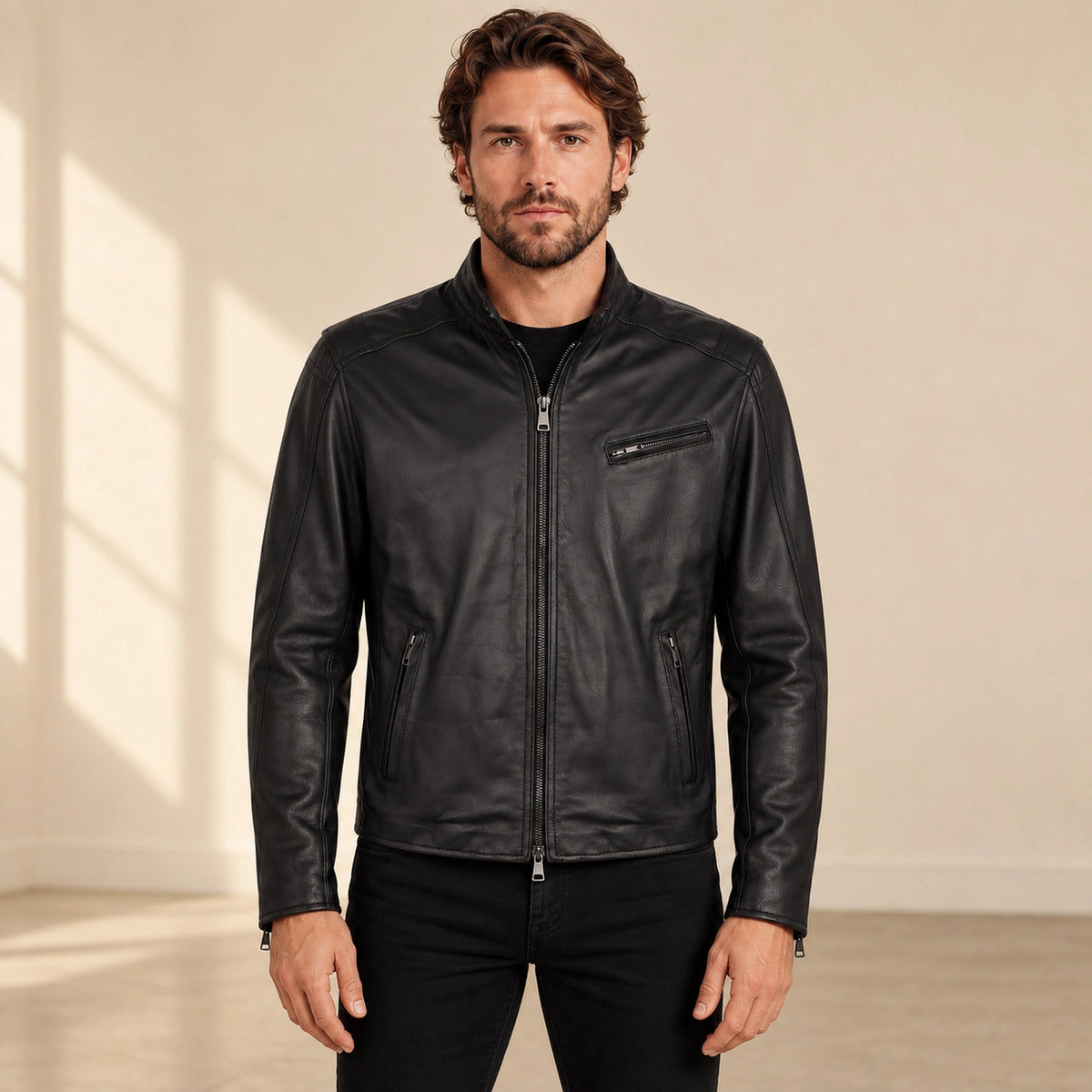 Men's Black Lambskin Single-Breasted Moto Jacket, model front view