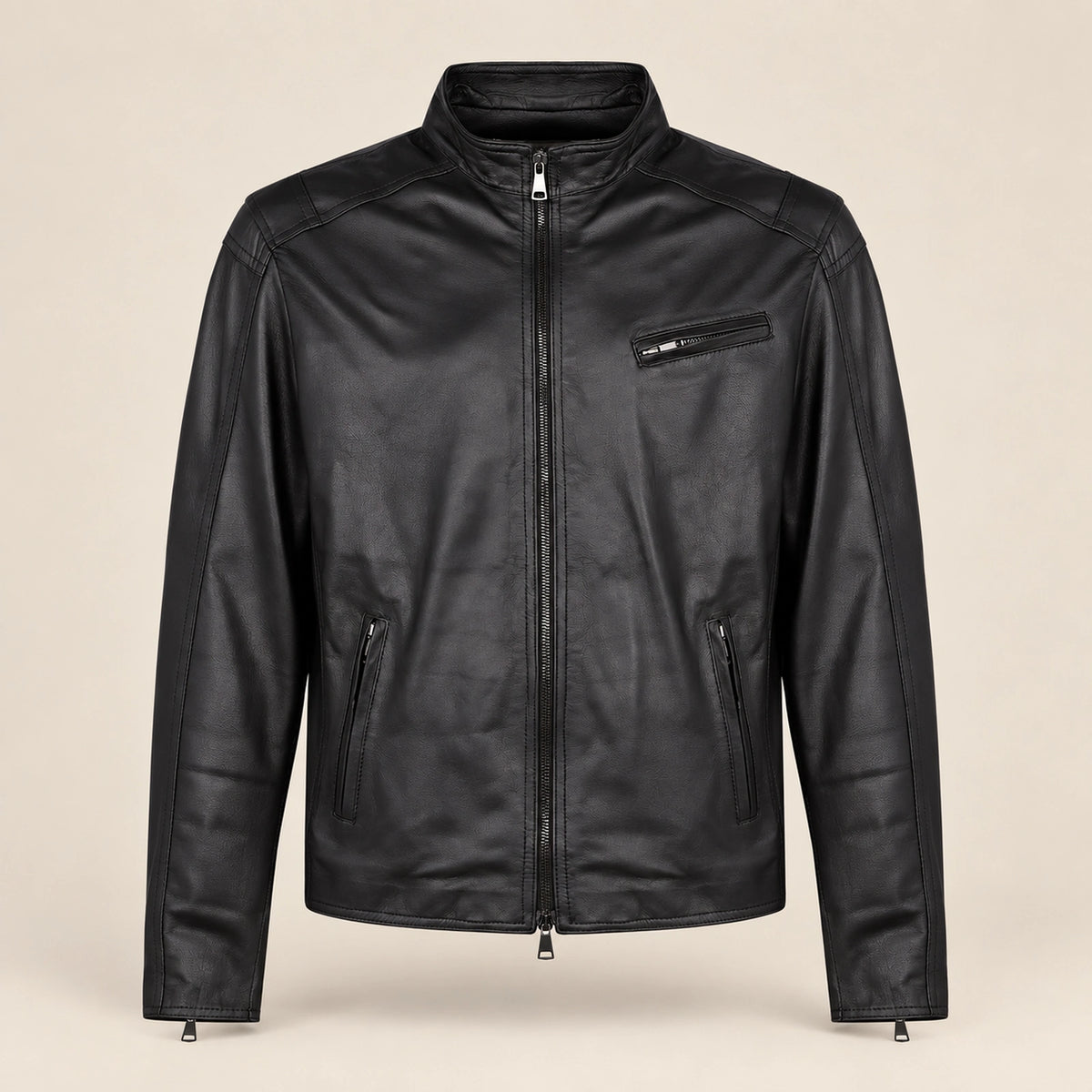 Men's Black Lambskin Single-Breasted Moto Jacket, product front view