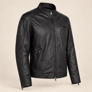 Men's Black Lambskin Single-Breasted Moto Jacket, side angle view