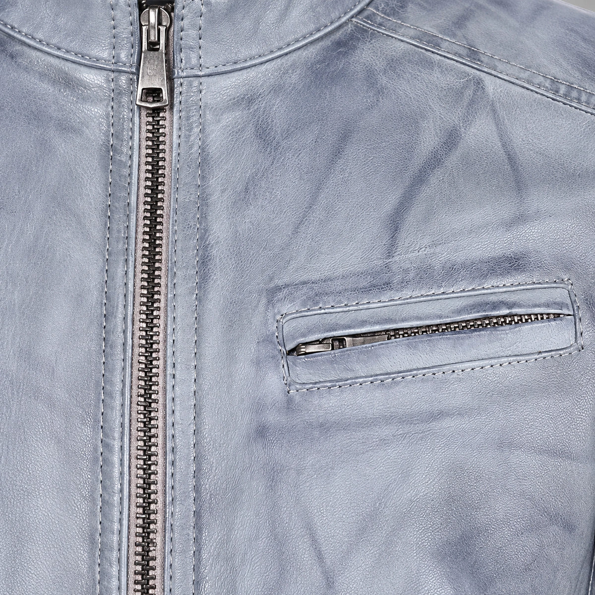 Men's Blue-Grey Lambskin Single-Breasted Moto Jacket, close up view