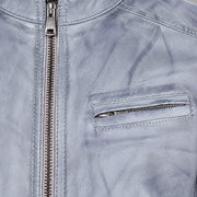 Men's Blue-Grey Lambskin Single-Breasted Moto Jacket, close up view