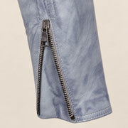 Men's Blue-Grey Lambskin Single-Breasted Moto Jacket, hardware detail view