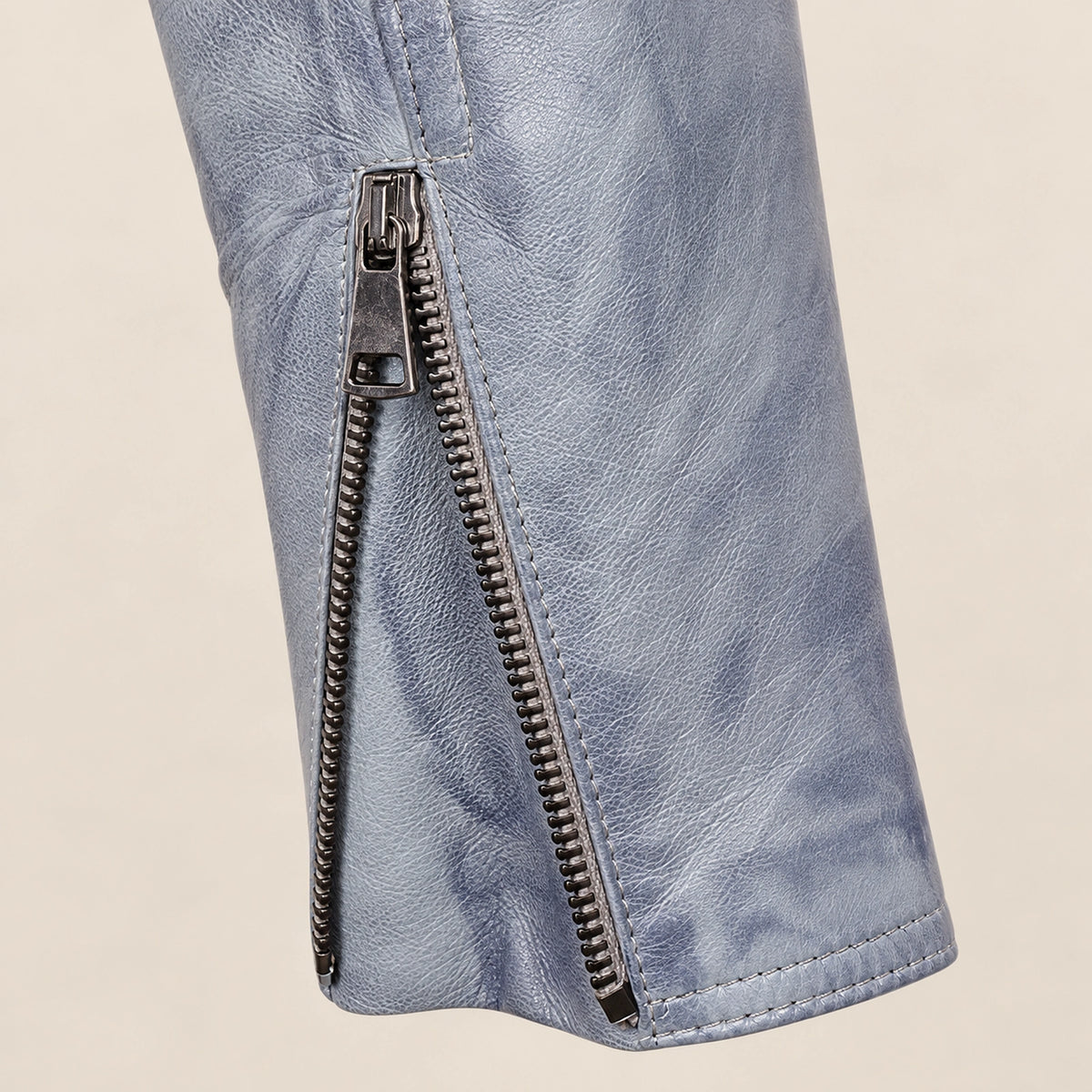 Men's Blue-Grey Lambskin Single-Breasted Moto Jacket, hardware detail view