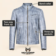 Men's Blue-Grey Lambskin Single-Breasted Moto Jacket, infographic view
