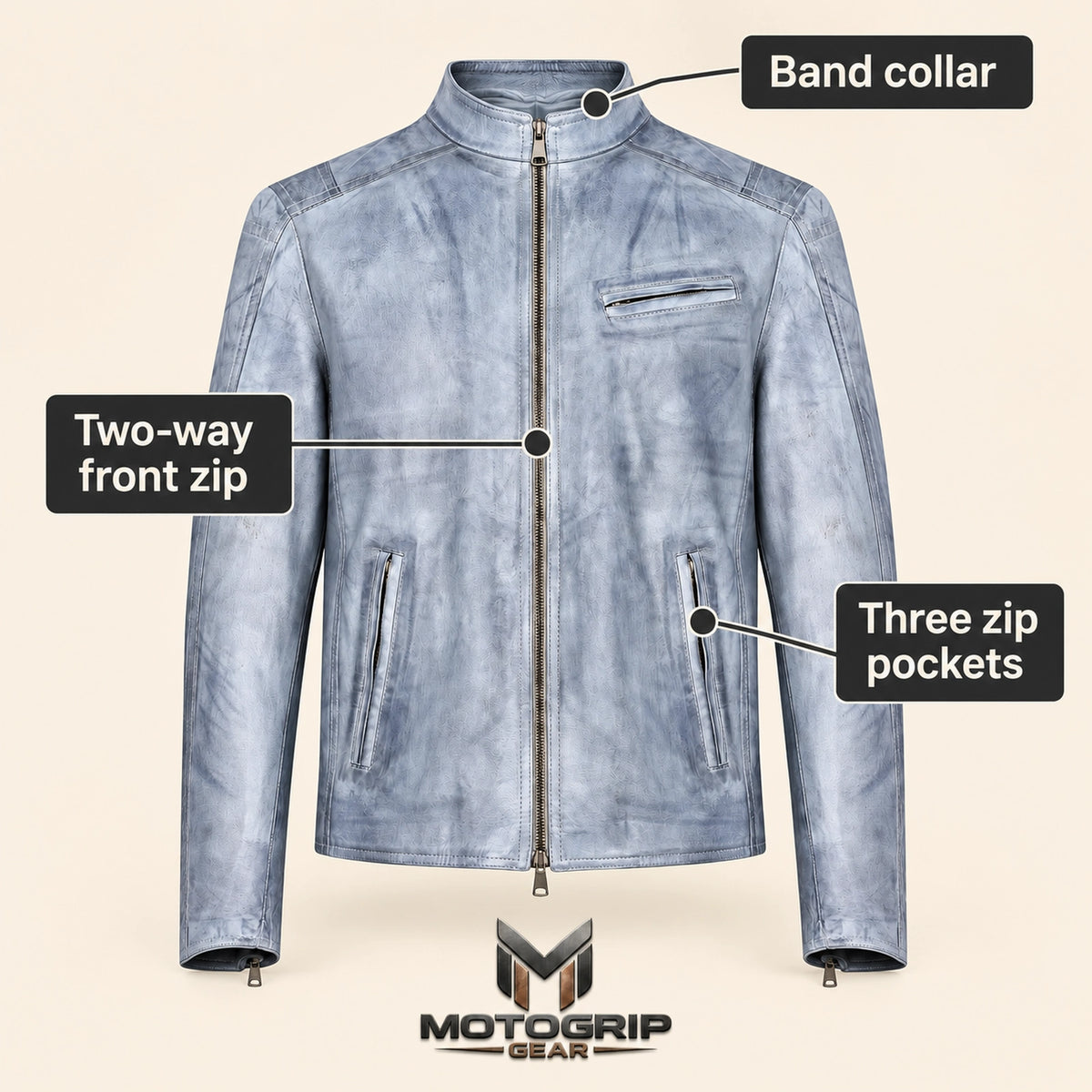 Men's Blue-Grey Lambskin Single-Breasted Moto Jacket, infographic view