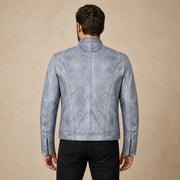 Men's Blue-Grey Lambskin Single-Breasted Moto Jacket, model back view