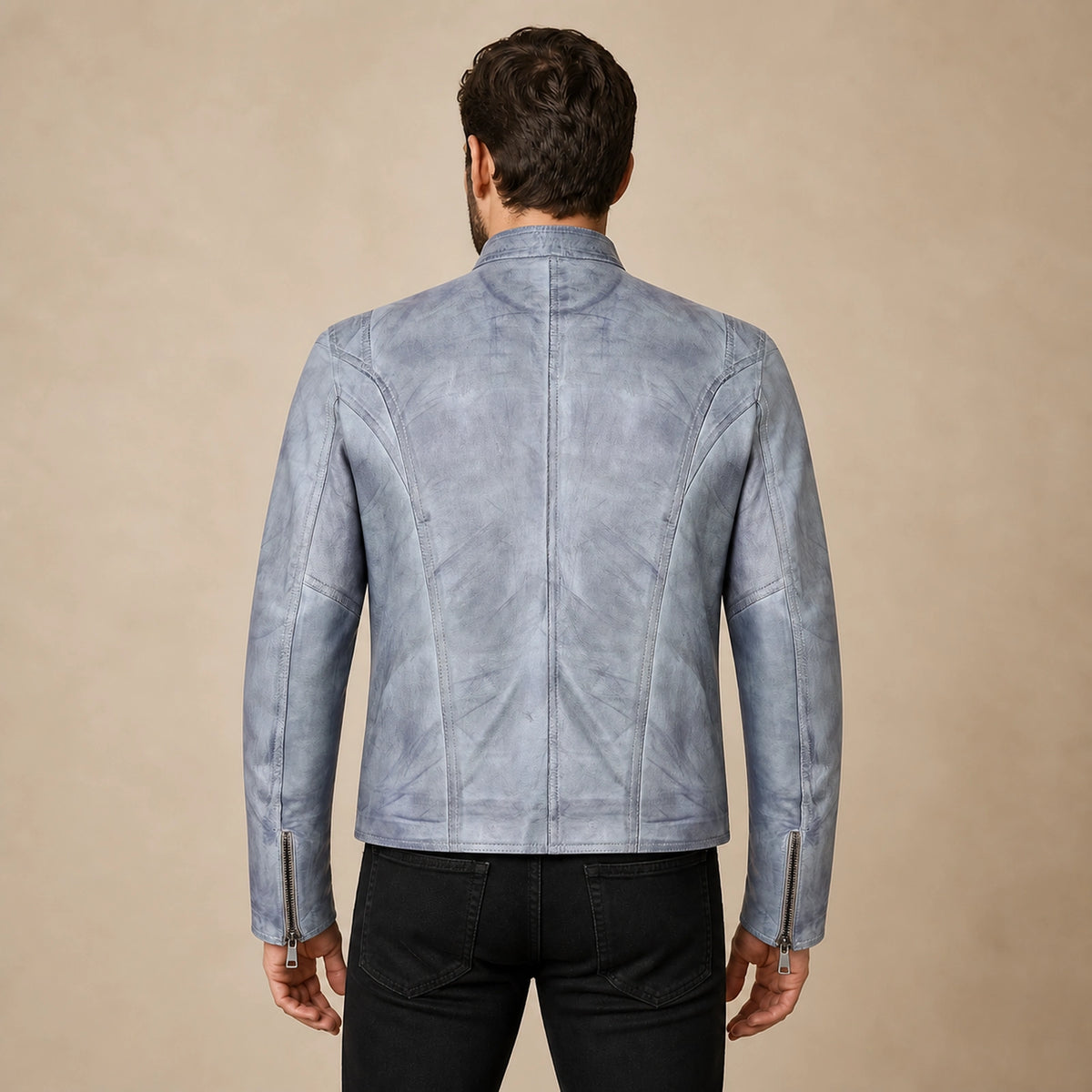 Men's Blue-Grey Lambskin Single-Breasted Moto Jacket, model back view