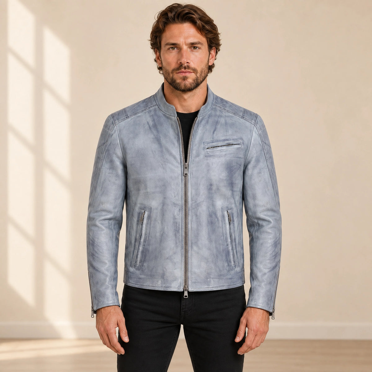 Men's Blue-Grey Lambskin Single-Breasted Moto Jacket, model front view