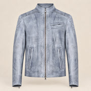Men's Blue-Grey Lambskin Single-Breasted Moto Jacket, product front view