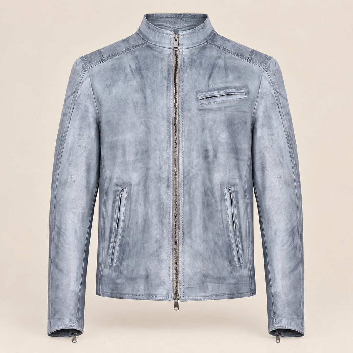 Men's Blue-Grey Lambskin Single-Breasted Moto Jacket, product front view