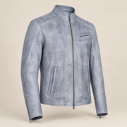 Men's Blue-Grey Lambskin Single-Breasted Moto Jacket, side angle view