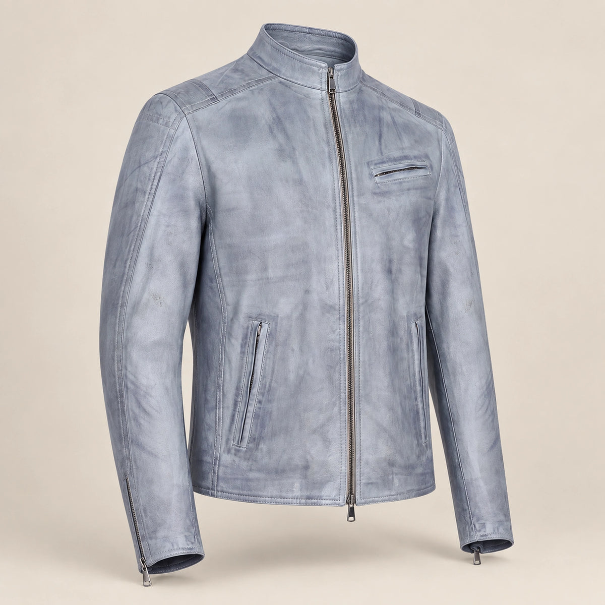 Men's Blue-Grey Lambskin Single-Breasted Moto Jacket, side angle view
