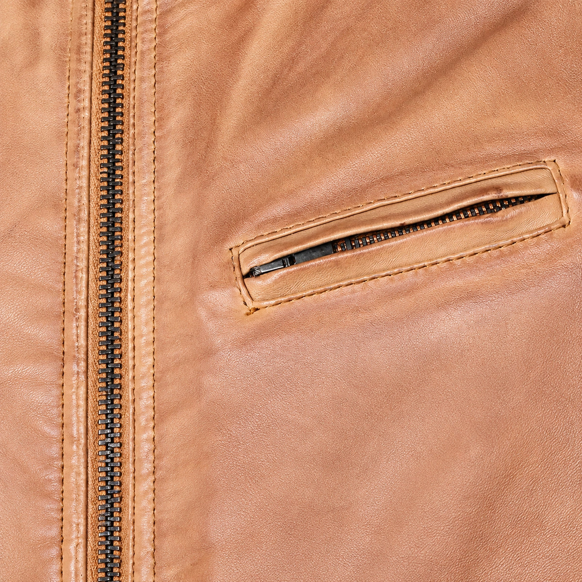 Men's Tan Lambskin Single-Breasted Moto Jacket, close up view