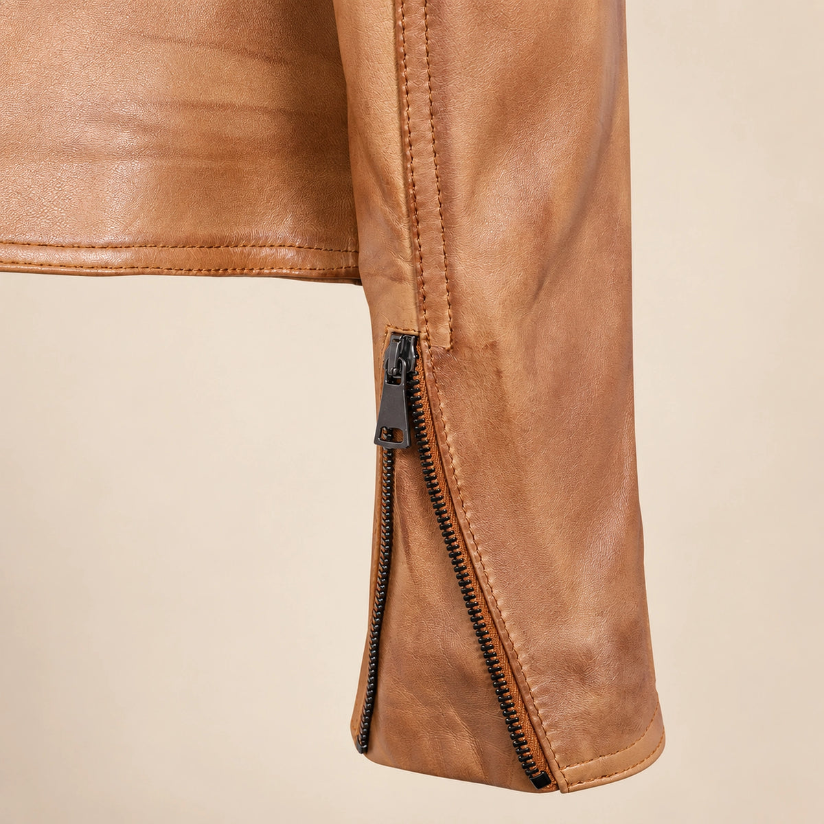 Men's Tan Lambskin Single-Breasted Moto Jacket, hardware detail view
