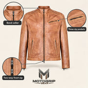 Men's Tan Lambskin Single-Breasted Moto Jacket, infographic view