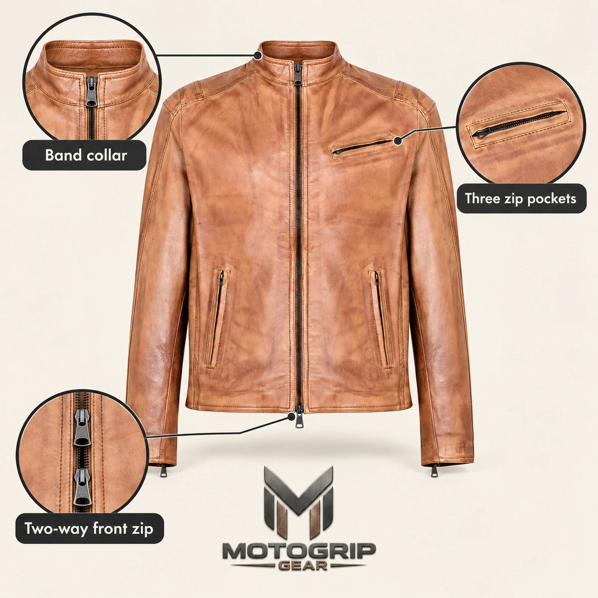 Men's Tan Lambskin Single-Breasted Moto Jacket, infographic view
