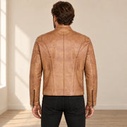 Men's Tan Lambskin Single-Breasted Moto Jacket, model back view