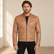 Men's Tan Lambskin Single-Breasted Moto Jacket, model front view