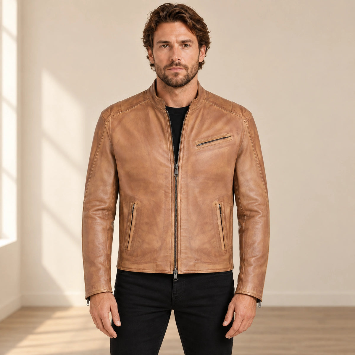 Men's Tan Lambskin Single-Breasted Moto Jacket, model front view