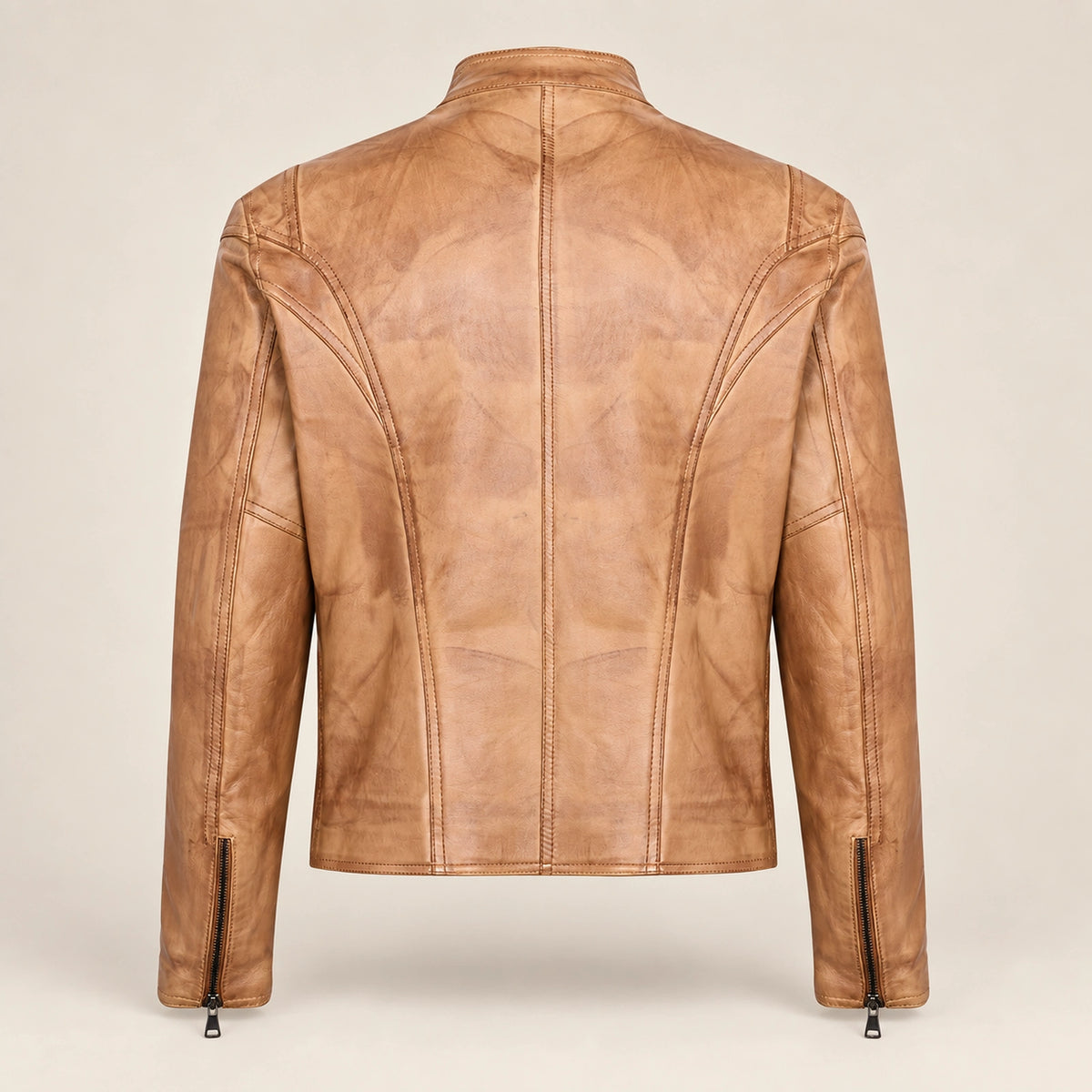 Men's Tan Lambskin Single-Breasted Moto Jacket, product back view