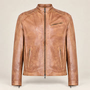 Men's Tan Lambskin Single-Breasted Moto Jacket, product front view