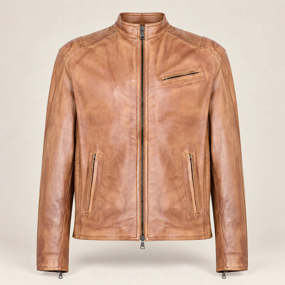 Men's Tan Lambskin Single-Breasted Moto Jacket, product front view