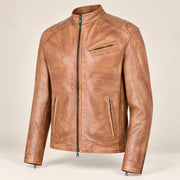Men's Tan Lambskin Single-Breasted Moto Jacket, side angle view