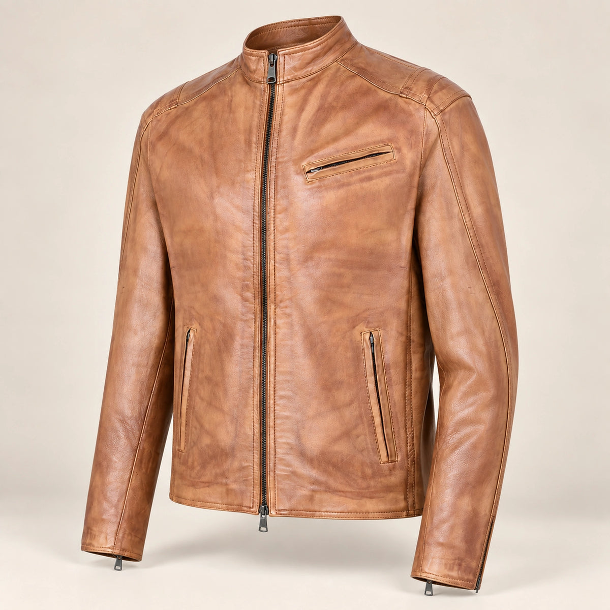 Men's Tan Lambskin Single-Breasted Moto Jacket, side angle view