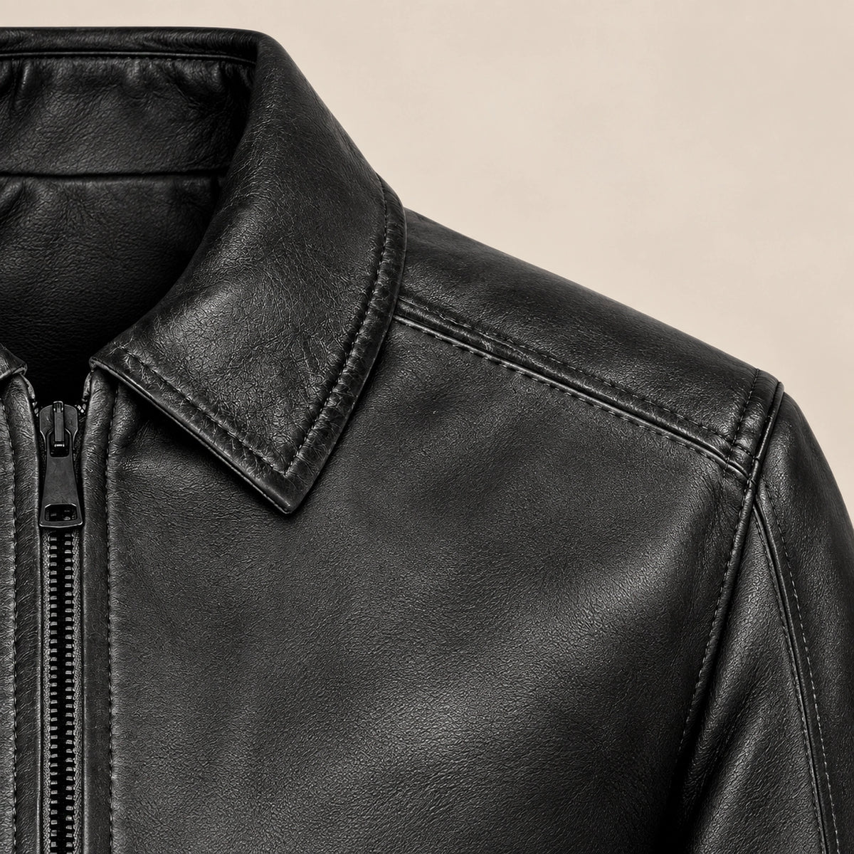 Men's Black Lambskin Spread-Collar Moto Jacket, close up view
