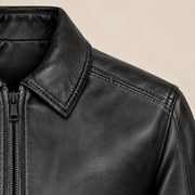 Men's Black Lambskin Spread-Collar Moto Jacket, close up view