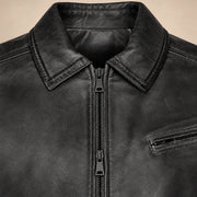 Men's Black Lambskin Spread-Collar Moto Jacket, hardware detail view