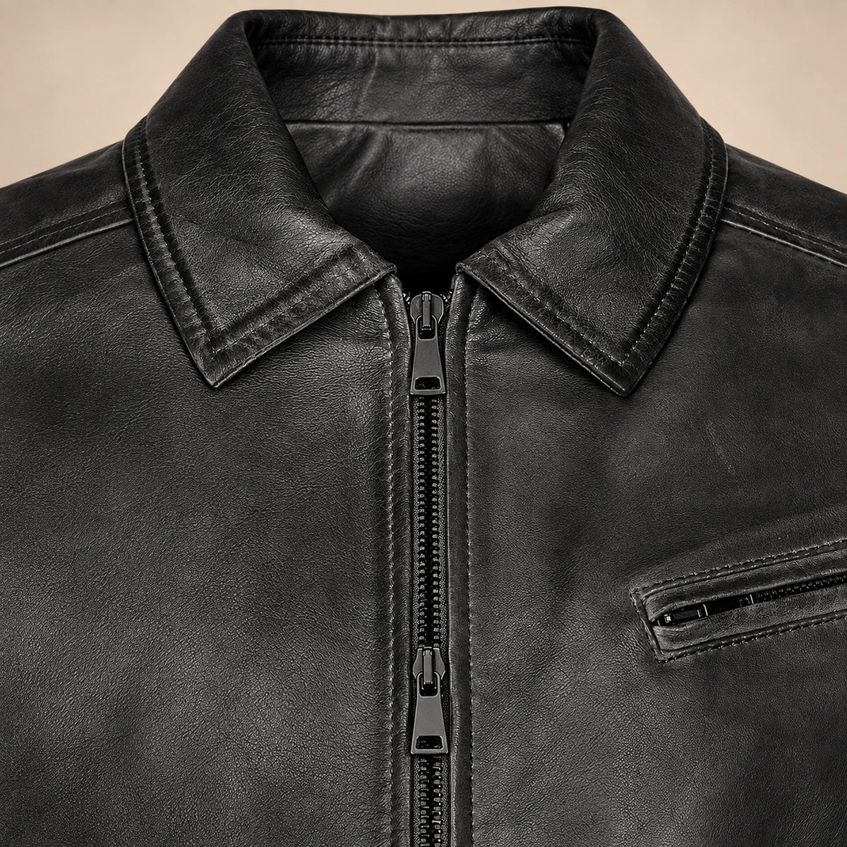 Men's Black Lambskin Spread-Collar Moto Jacket, hardware detail view