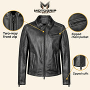 Men's Black Lambskin Spread-Collar Moto Jacket, infographic view