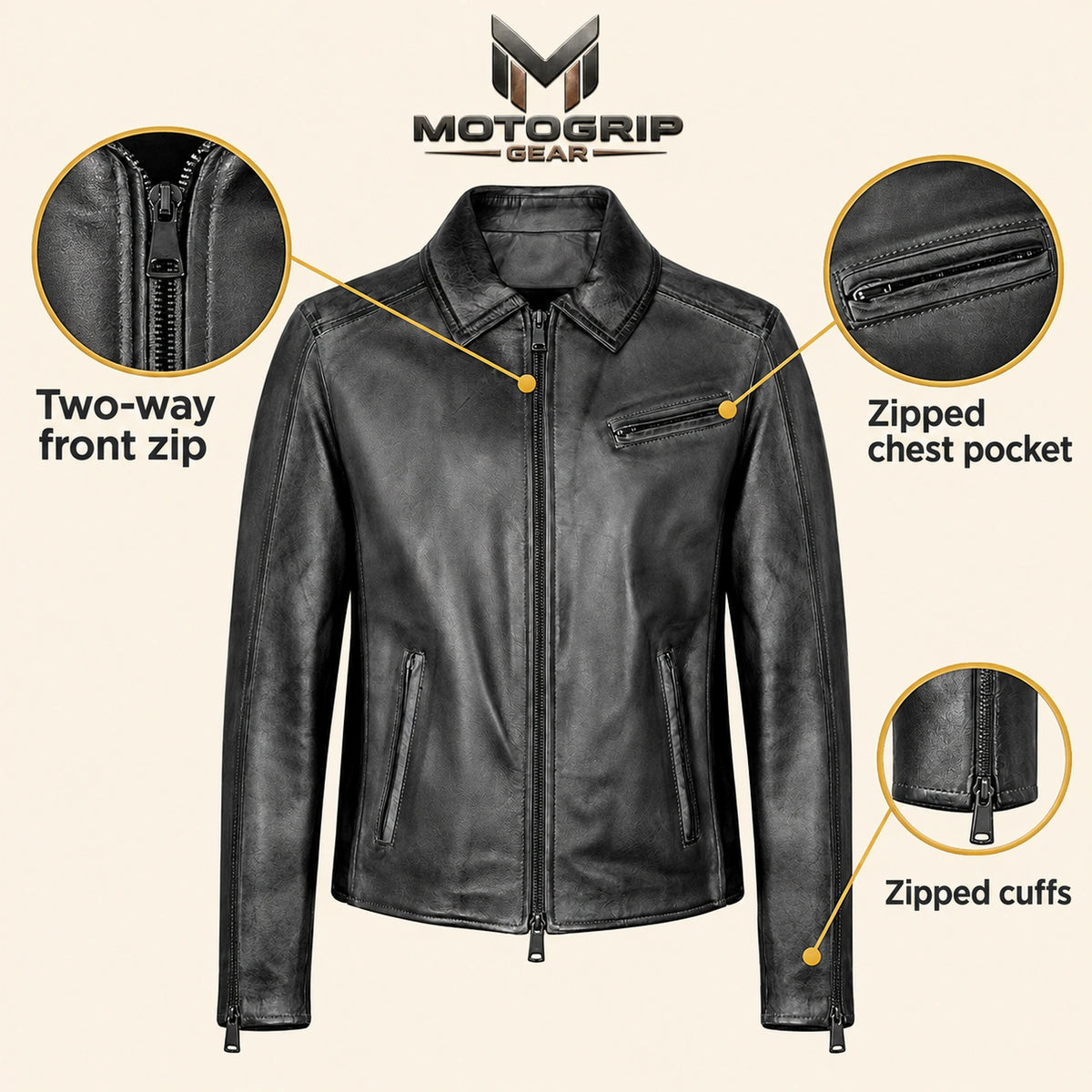 Men's Black Lambskin Spread-Collar Moto Jacket, infographic view