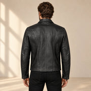 Men's Black Lambskin Spread-Collar Moto Jacket, model back view