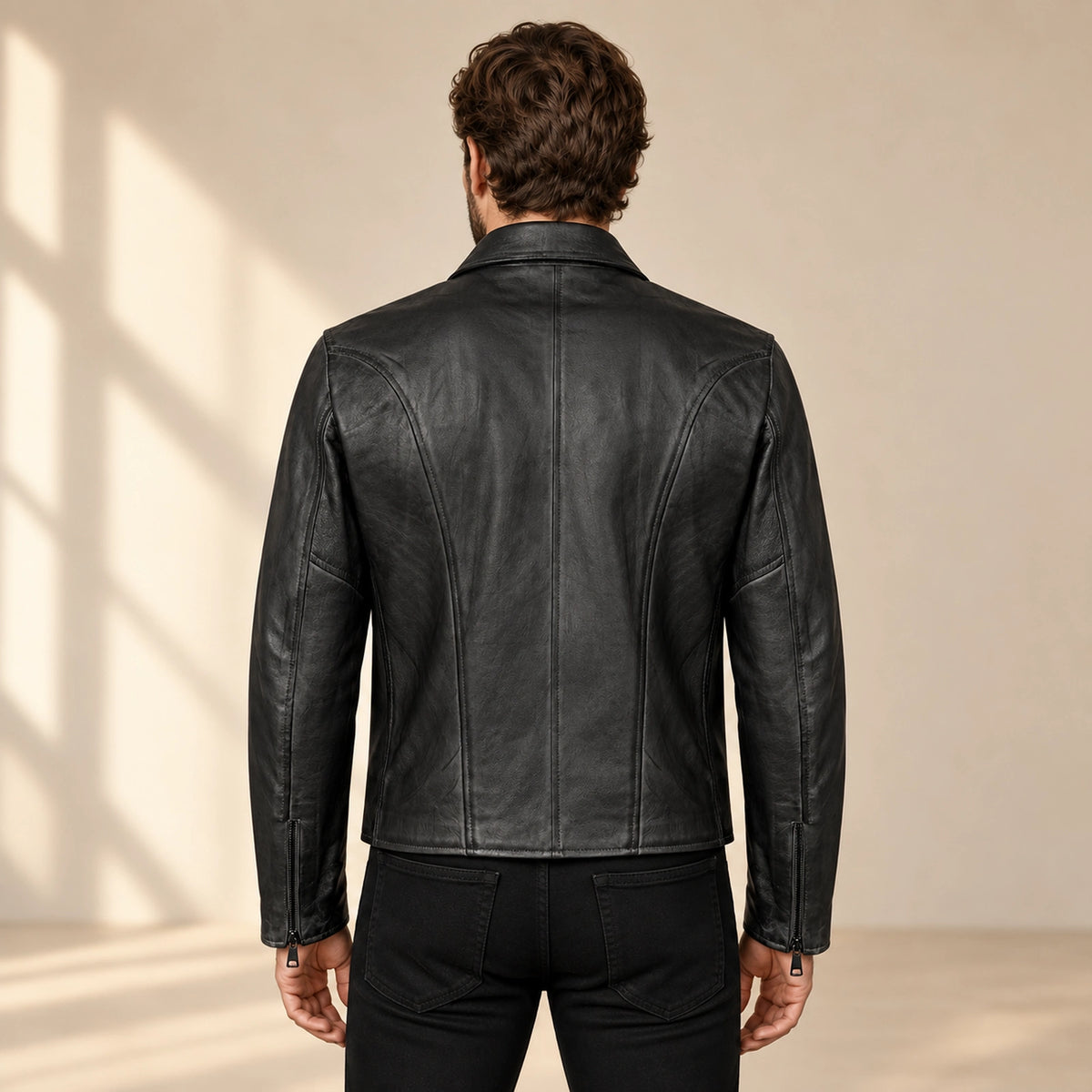 Men's Black Lambskin Spread-Collar Moto Jacket, model back view