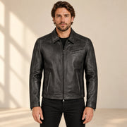 Men's Black Lambskin Spread-Collar Moto Jacket, model front view