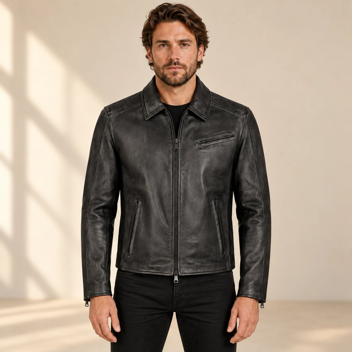 Men's Black Lambskin Spread-Collar Moto Jacket, model front view