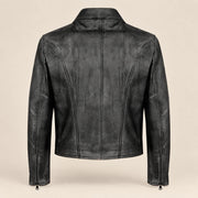 Men's Black Lambskin Spread-Collar Moto Jacket, product back view