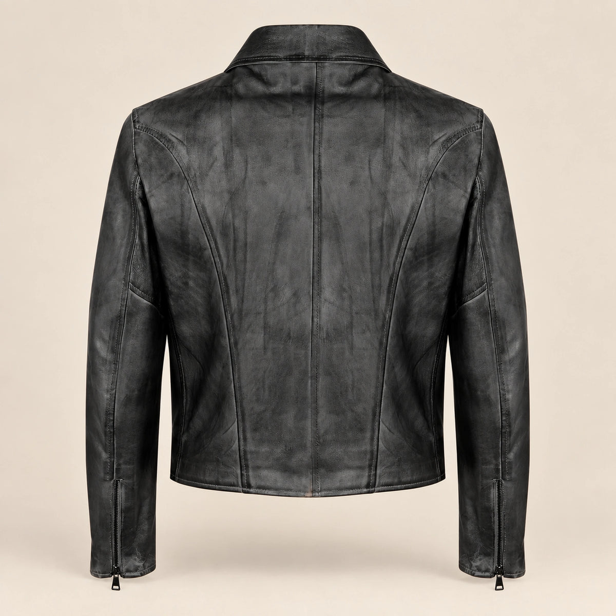 Men's Black Lambskin Spread-Collar Moto Jacket, product back view