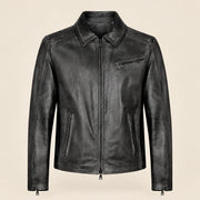 Men's Black Lambskin Spread-Collar Moto Jacket, product front view