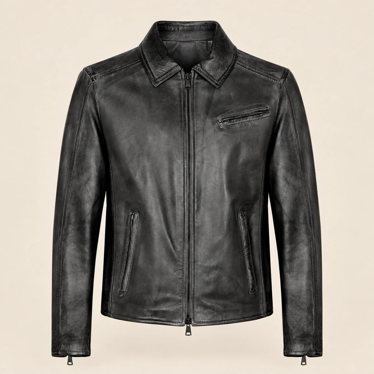 Men's Black Lambskin Spread-Collar Moto Jacket, product front view