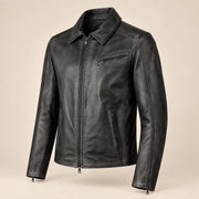 Men's Black Lambskin Spread-Collar Moto Jacket, side angle view