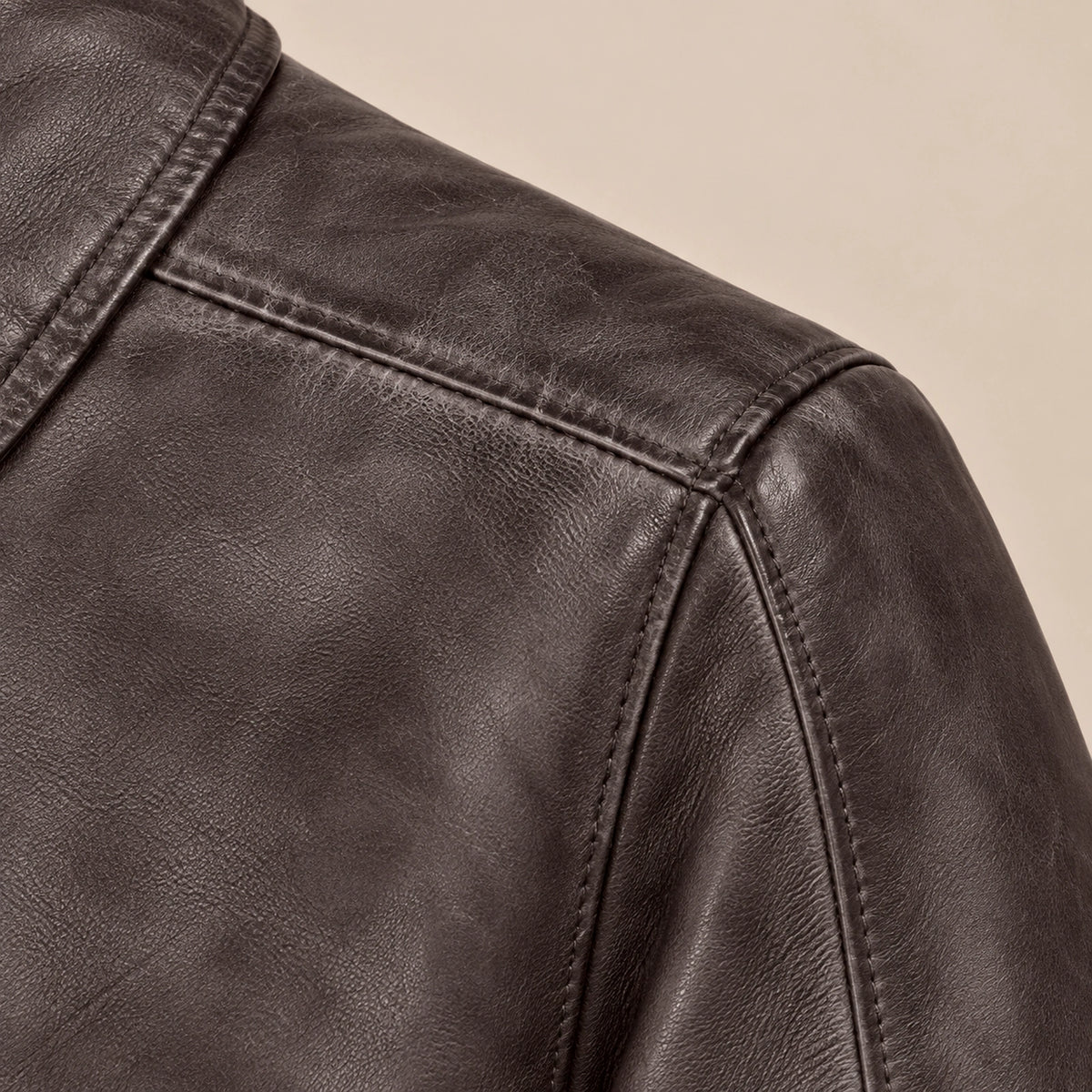 Men's Dark Brown Lambskin Spread-Collar Moto Jacket, close up view