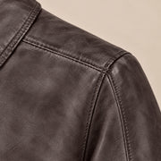 Men's Dark Brown Lambskin Spread-Collar Moto Jacket, close up view