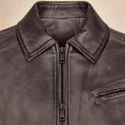Men's Dark Brown Lambskin Spread-Collar Moto Jacket, hardware detail view