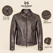 Men's Dark Brown Lambskin Spread-Collar Moto Jacket, infographic view