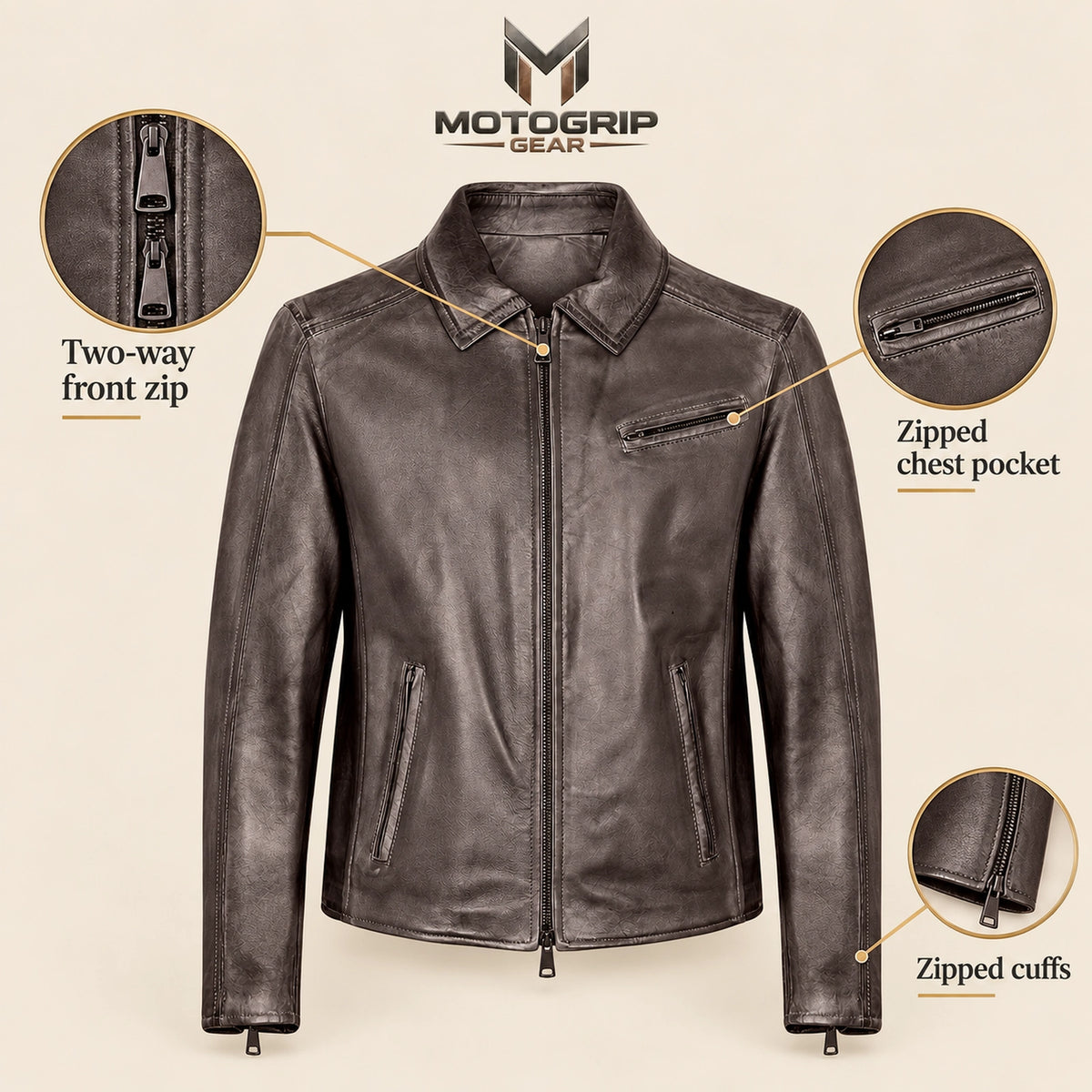 Men's Dark Brown Lambskin Spread-Collar Moto Jacket, infographic view